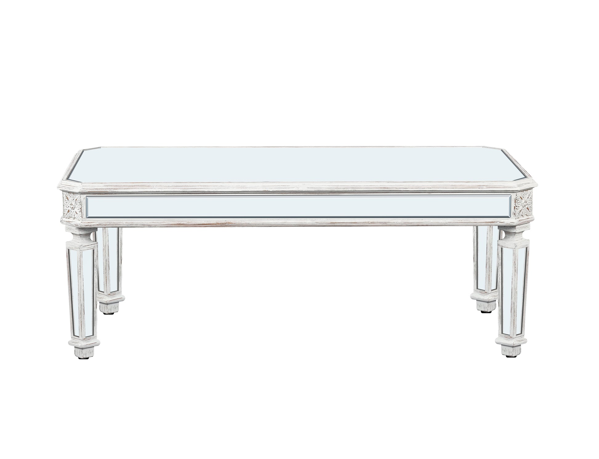 Mirrored coffee table with ornate white wood carving and antique finish