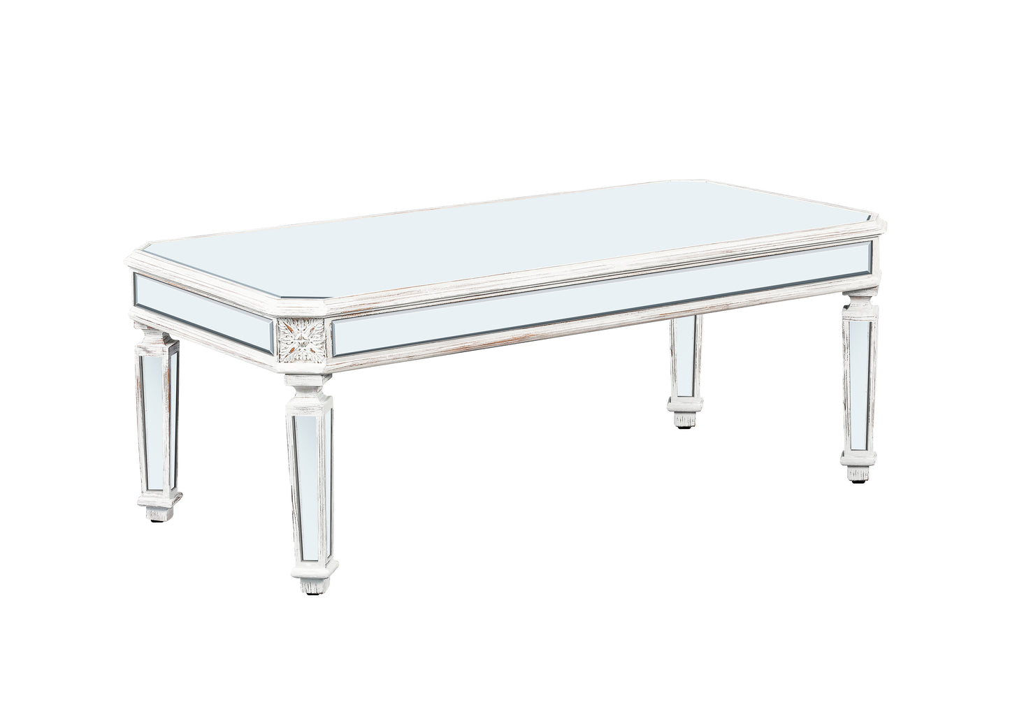 Distressed white mirrored console table with ornate carved details