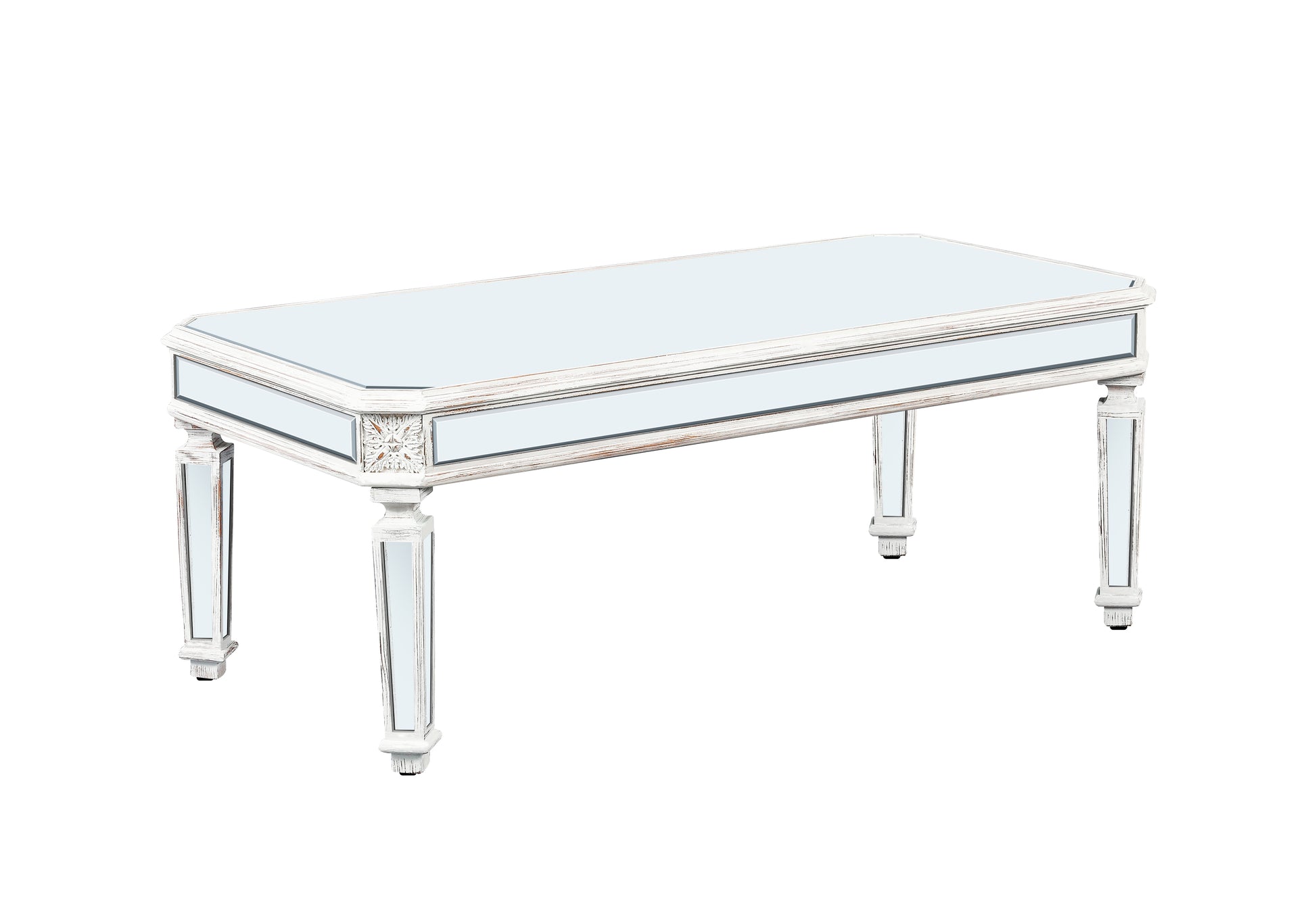 Distressed white mirrored console table with ornate carved details