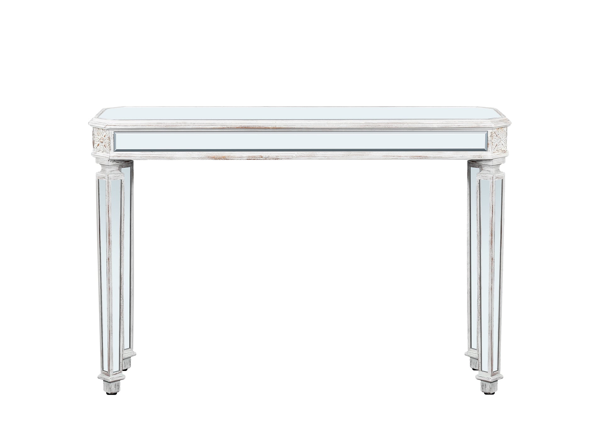 Antique white console table with mirrored legs and carved details