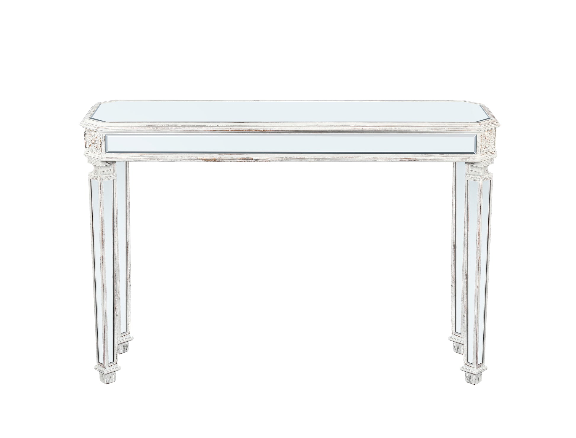 Antique mirrored console table with distressed white finish