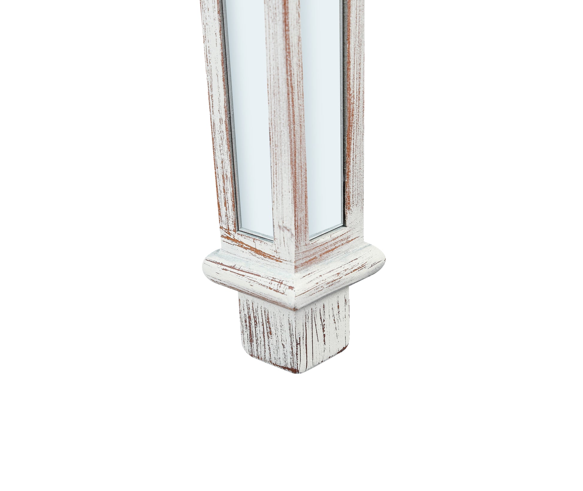 Distressed white wood table leg with mirrored panel insert