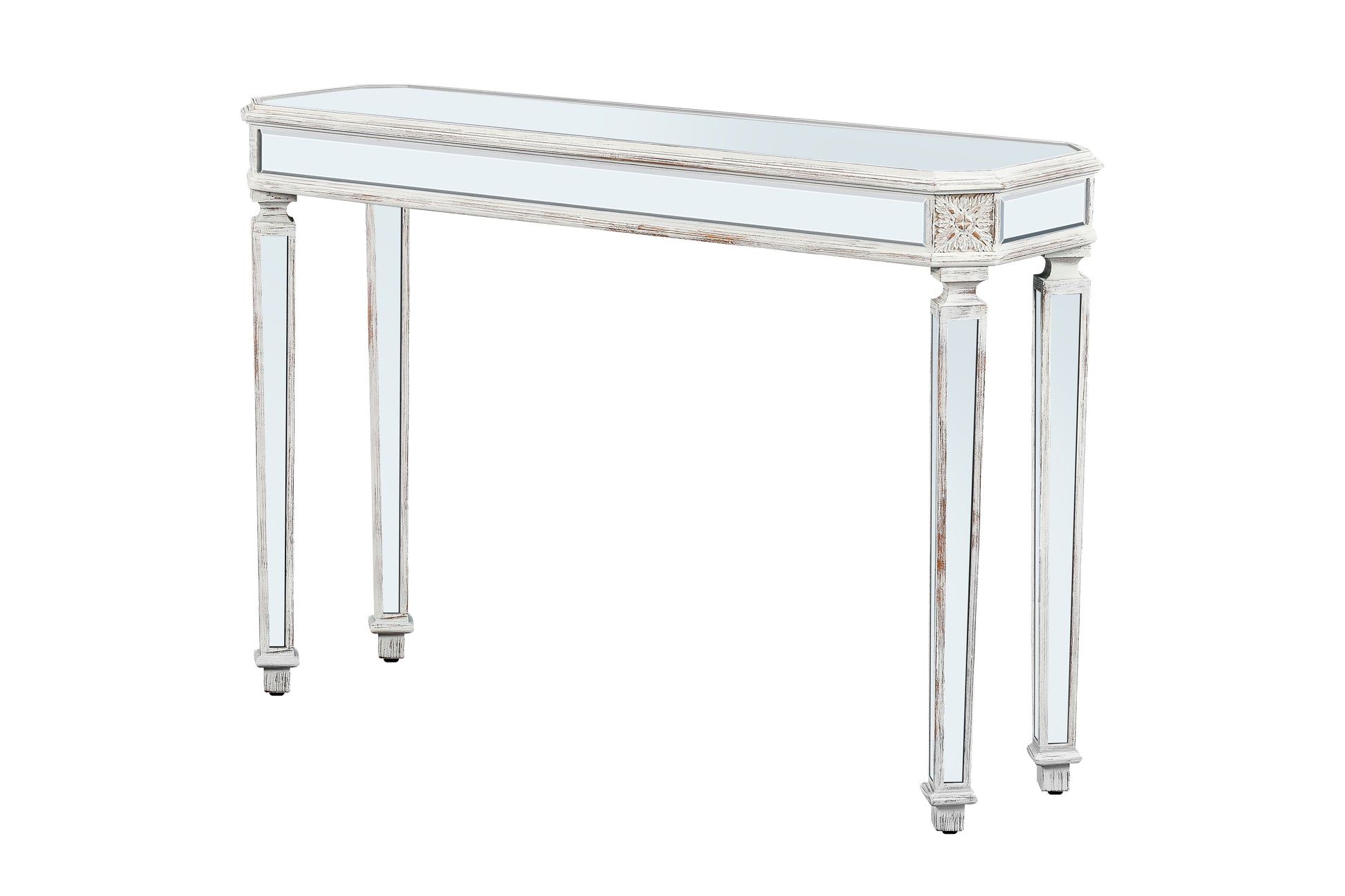 Distressed white mirrored console table with ornate detailing
