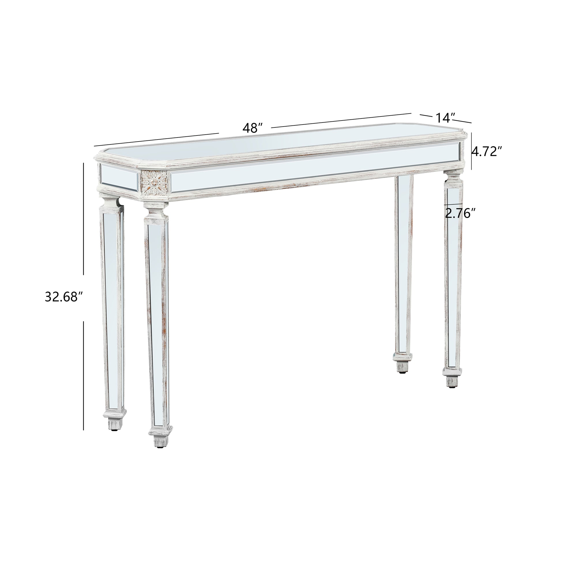 Distressed white mirrored console table with ornate carved details and tapered legs