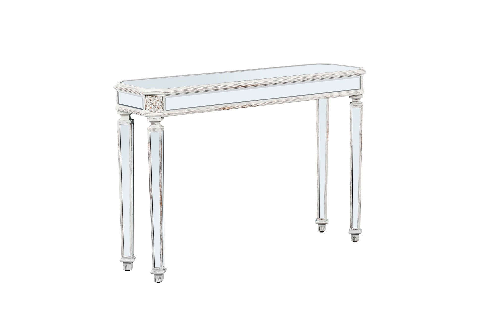 distressed white mirrored console table with carved details and tapered legs