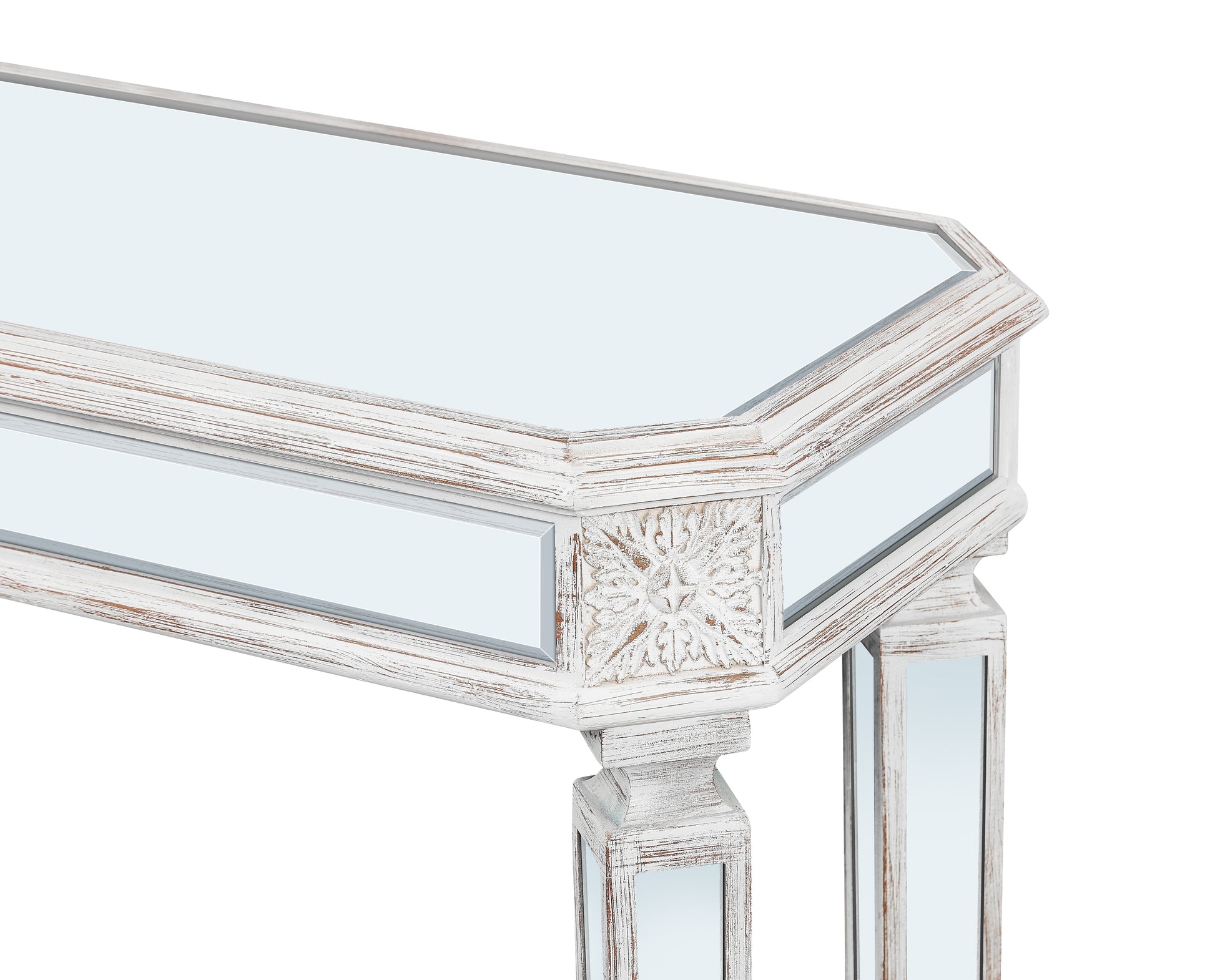 Distressed white wooden console table with mirrored panels and carved accents