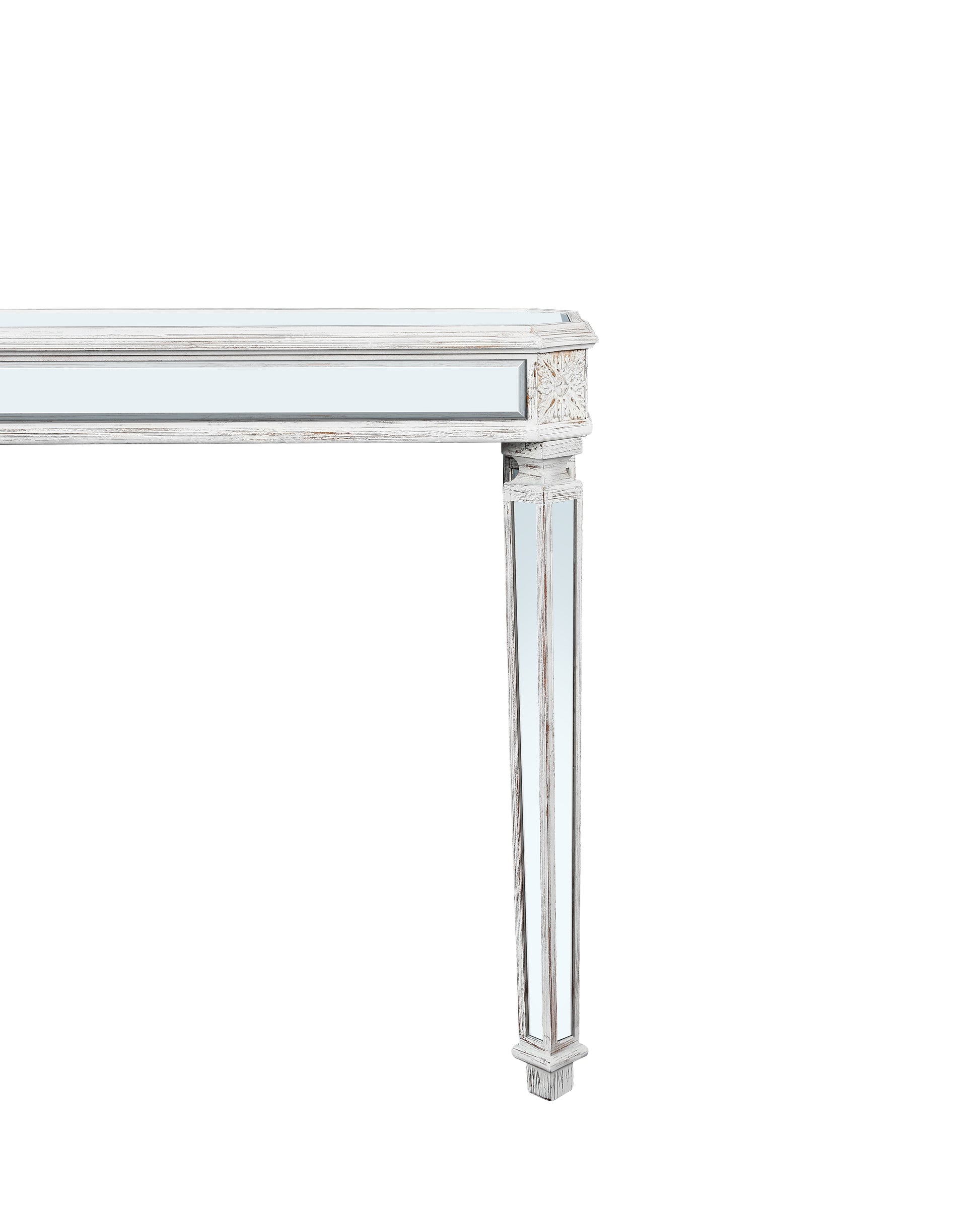 Distressed white wood and mirror console table leg with decorative carving