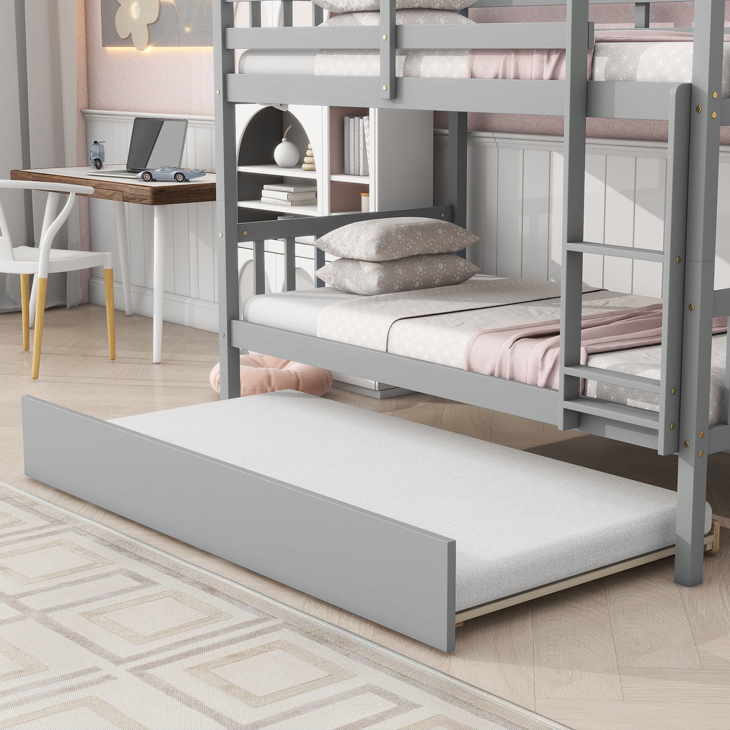 Gray triple bunk bed with pullout trundle for kids room