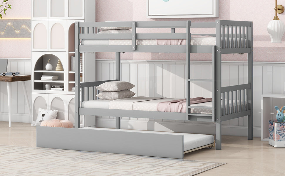 Gray wooden bunk bed with pullout trundle
