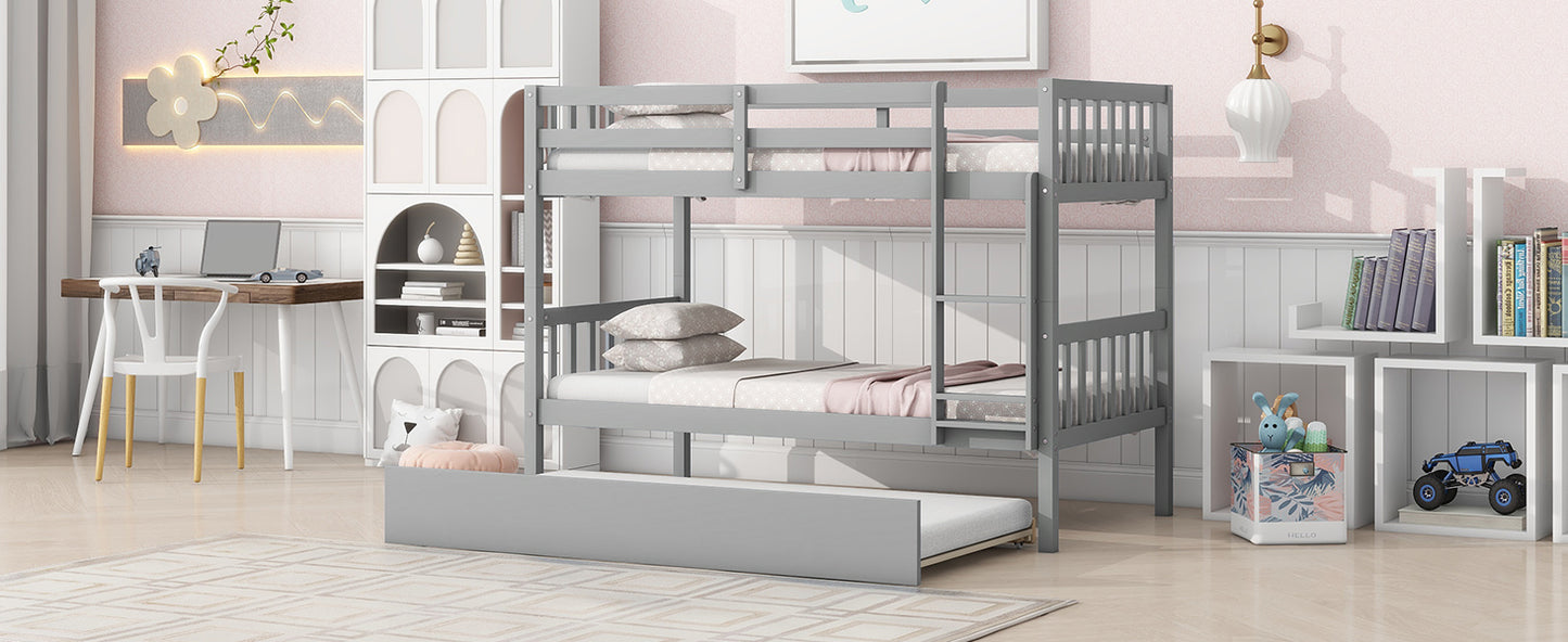 Gray wooden bunk bed with trundle