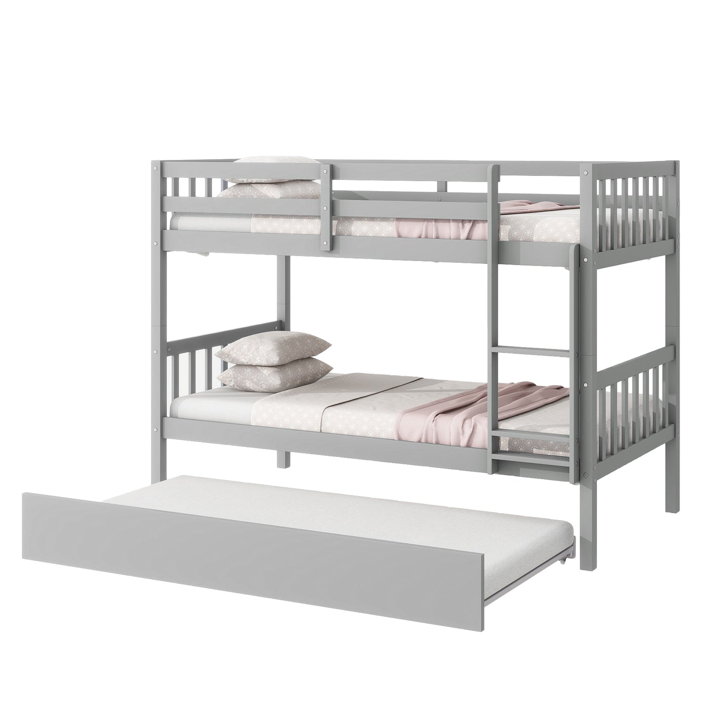 Grey wooden triple bunk bed with pullout trundle
