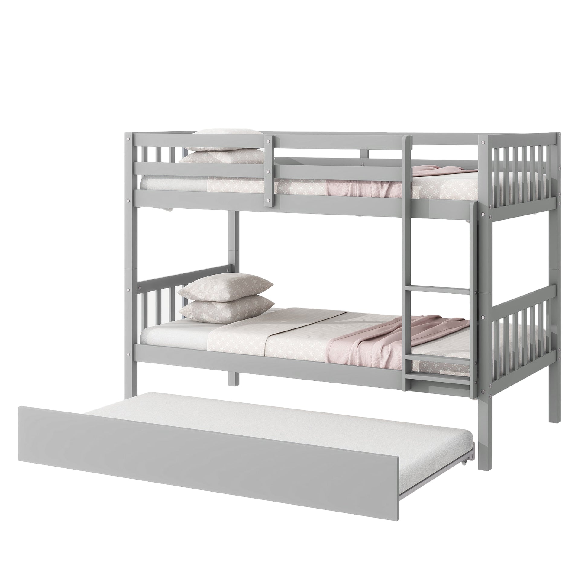 Grey wooden triple bunk bed with pullout trundle
