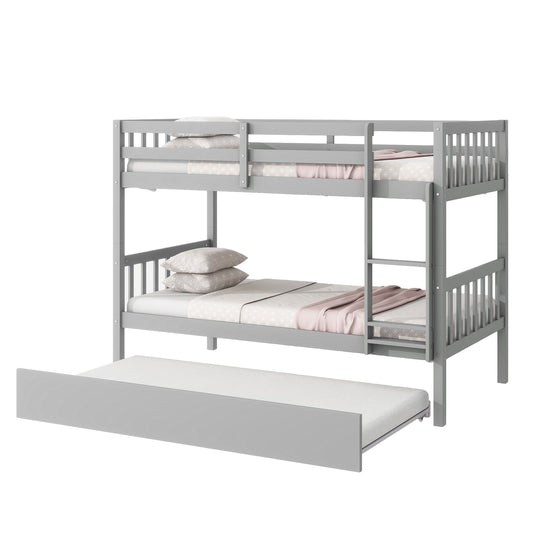 Grey wooden triple bunk bed with pullout trundle