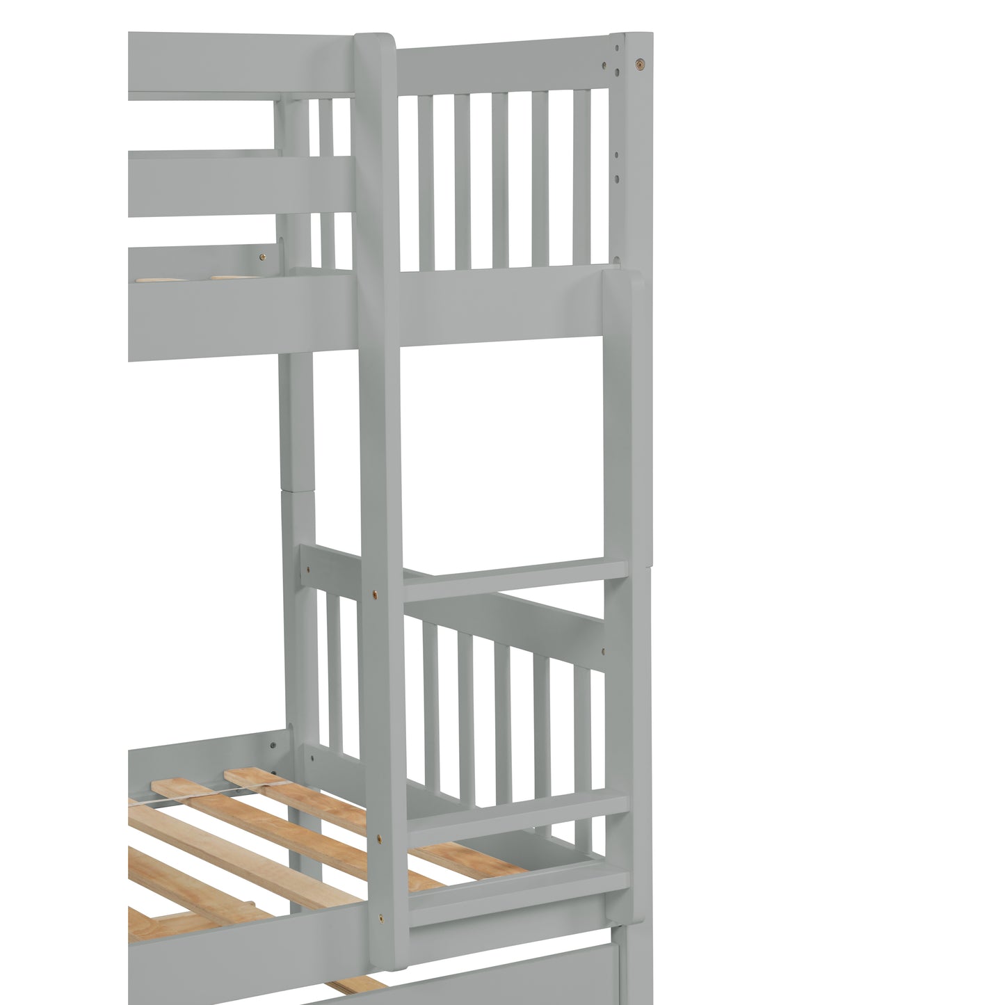 Gray wooden bunk bed frame with slatted mattress support