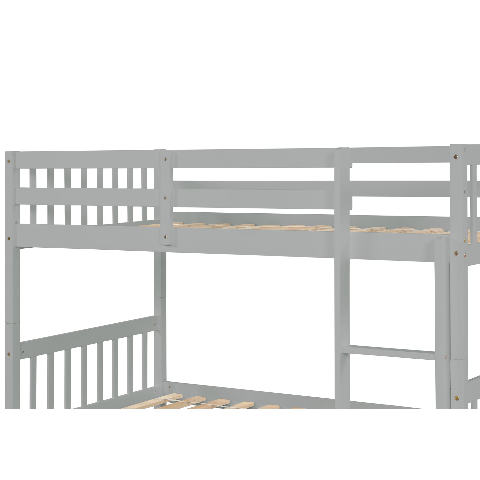 Gray wooden bunk bed frame with ladder and slatted base