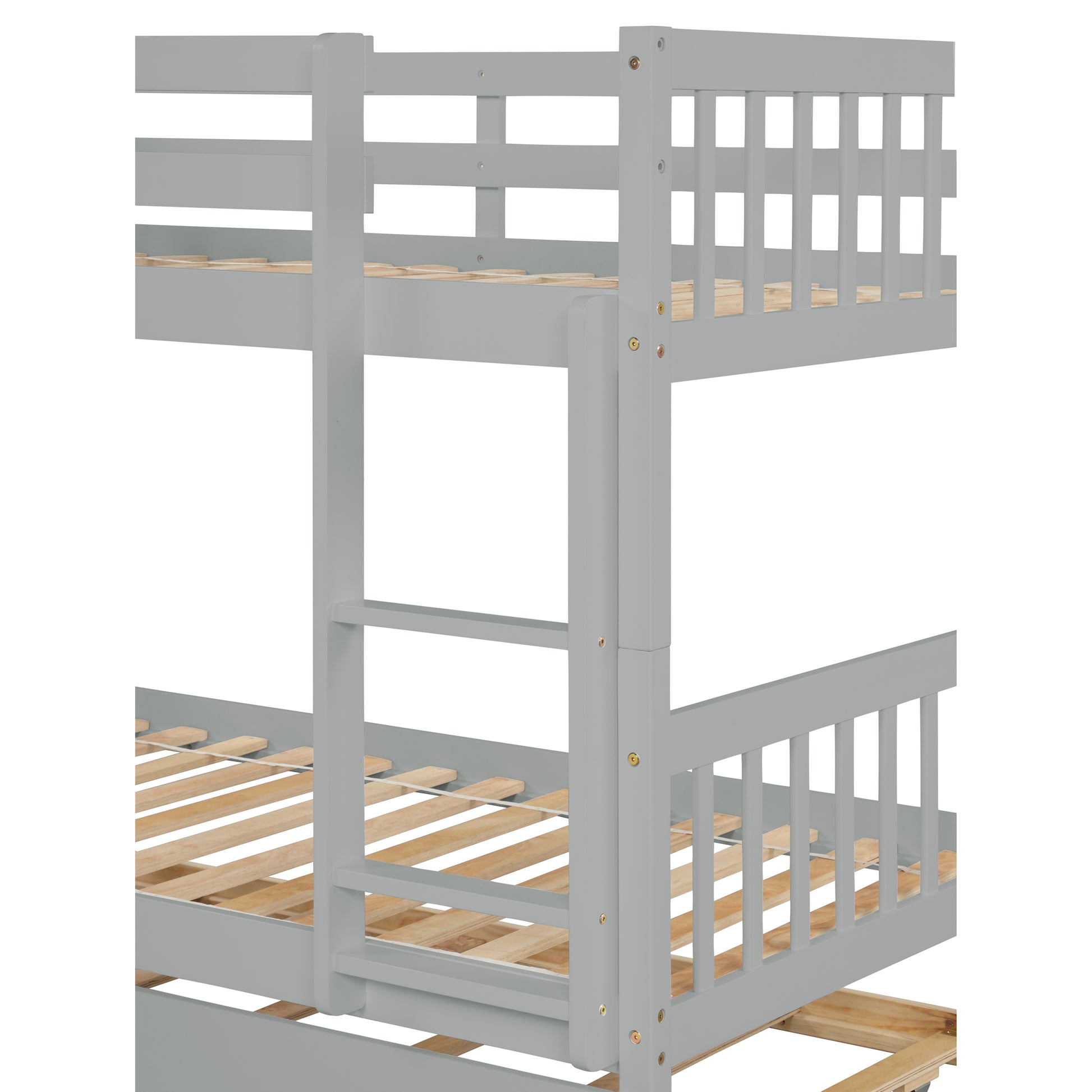 Gray wooden bunk bed with ladder