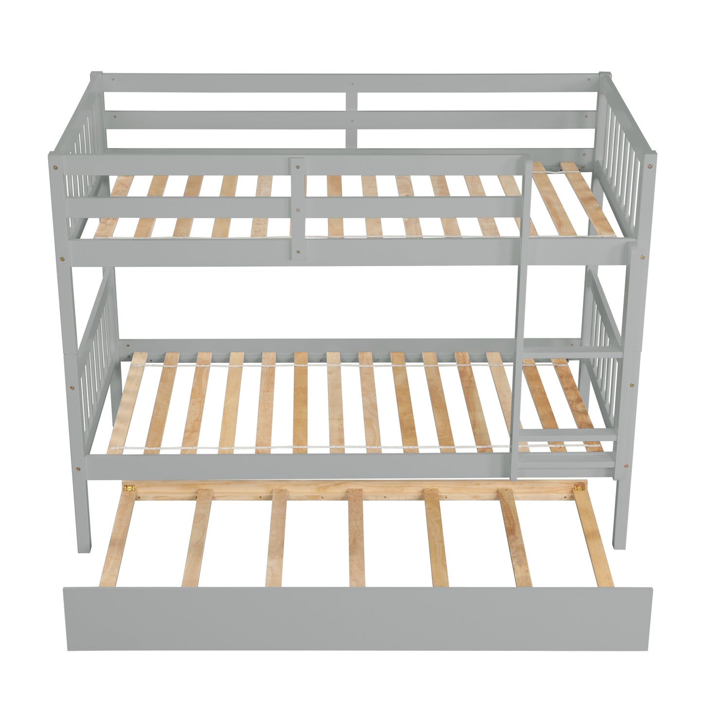 Gray wooden triple bunk bed with pullout trundle
