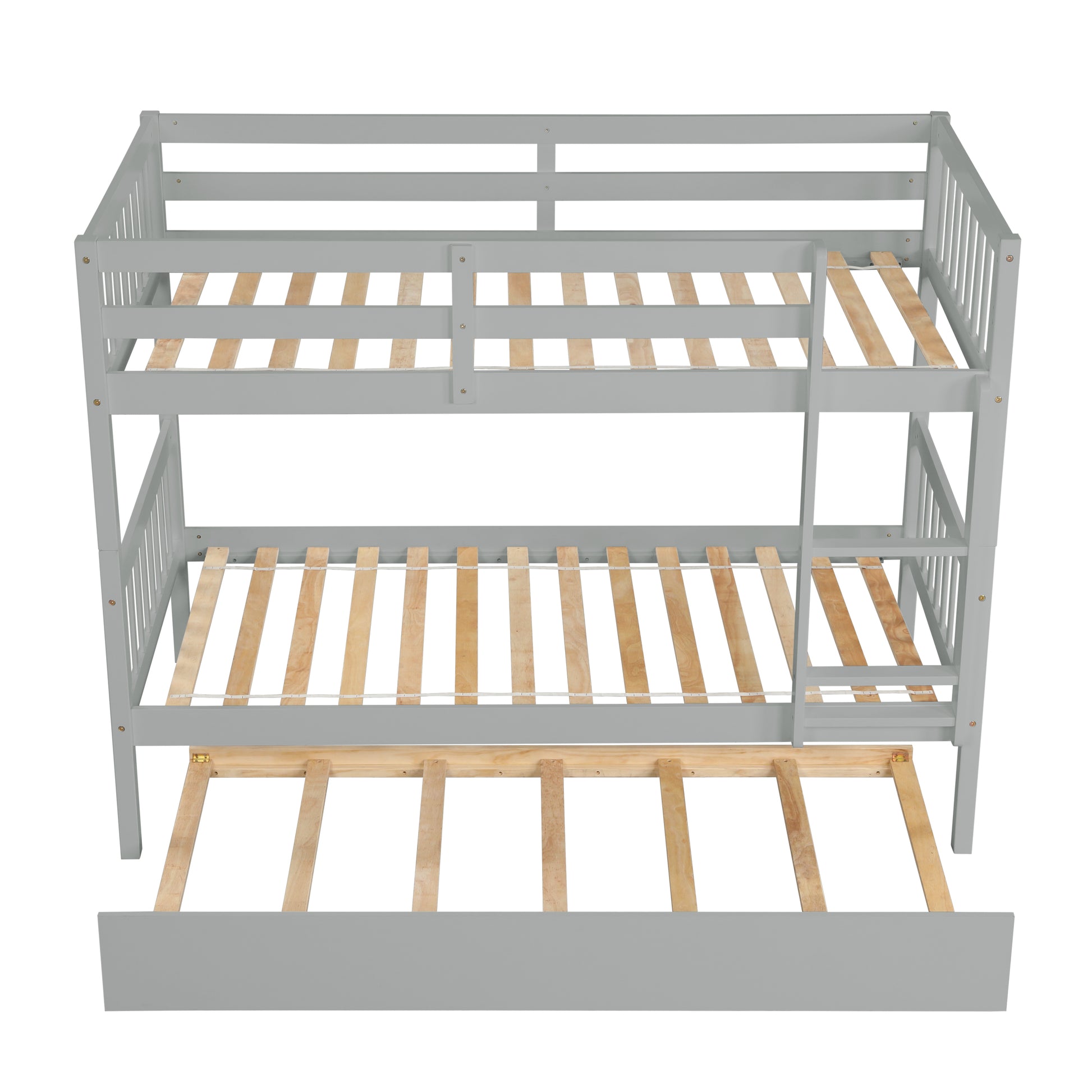 Gray wooden triple bunk bed with pullout trundle
