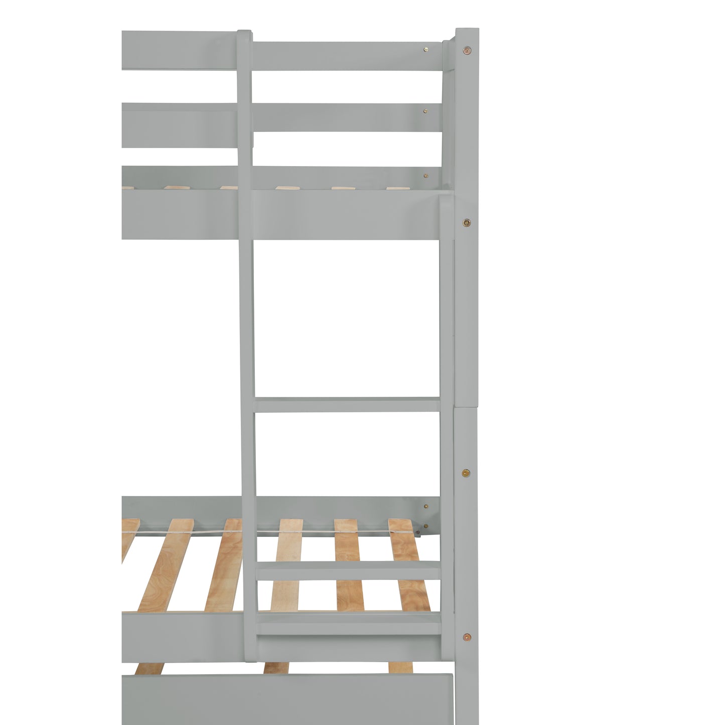 Closeup of a grey wooden bunk bed frame with visible slats for mattress support