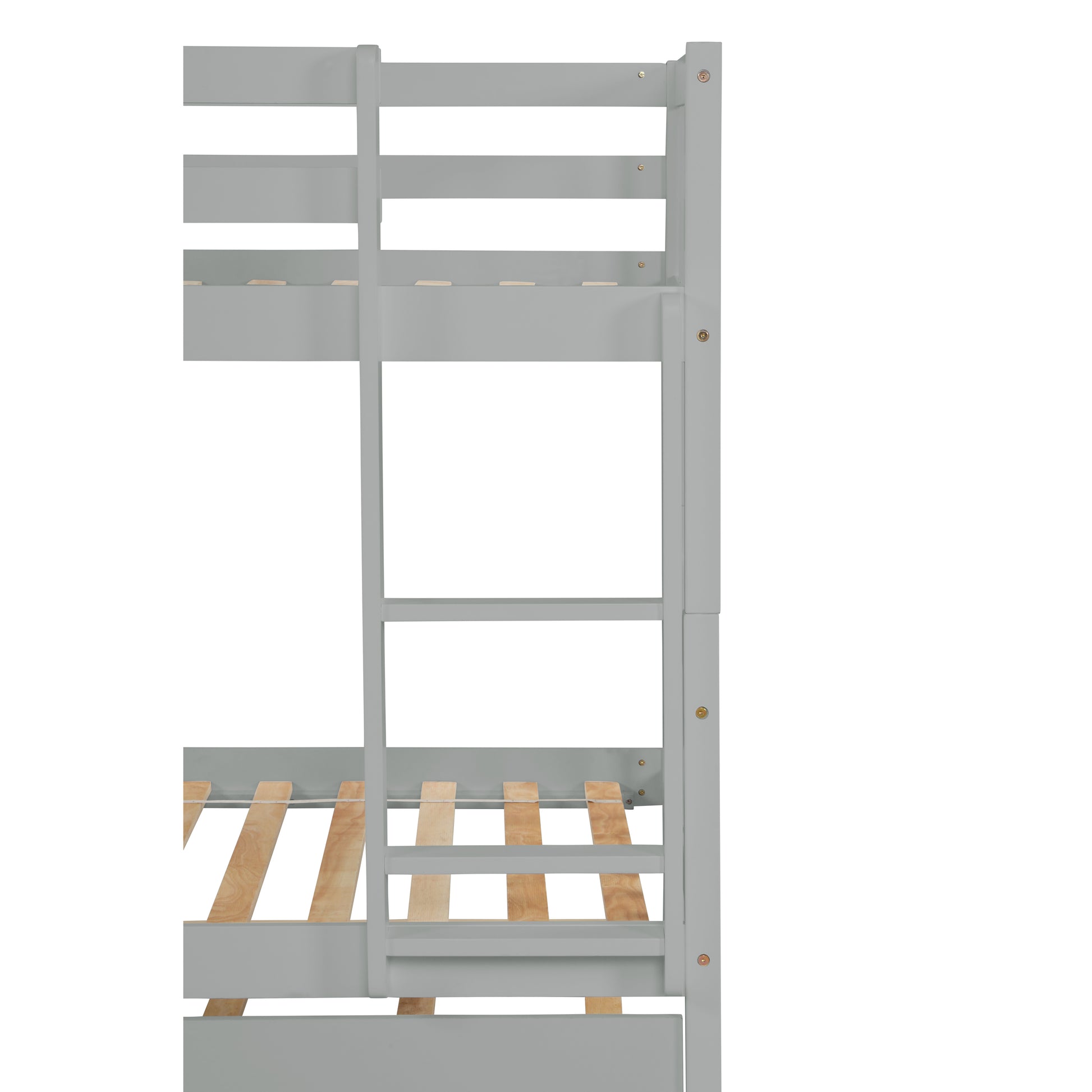 Closeup of a grey wooden bunk bed frame with visible slats for mattress support