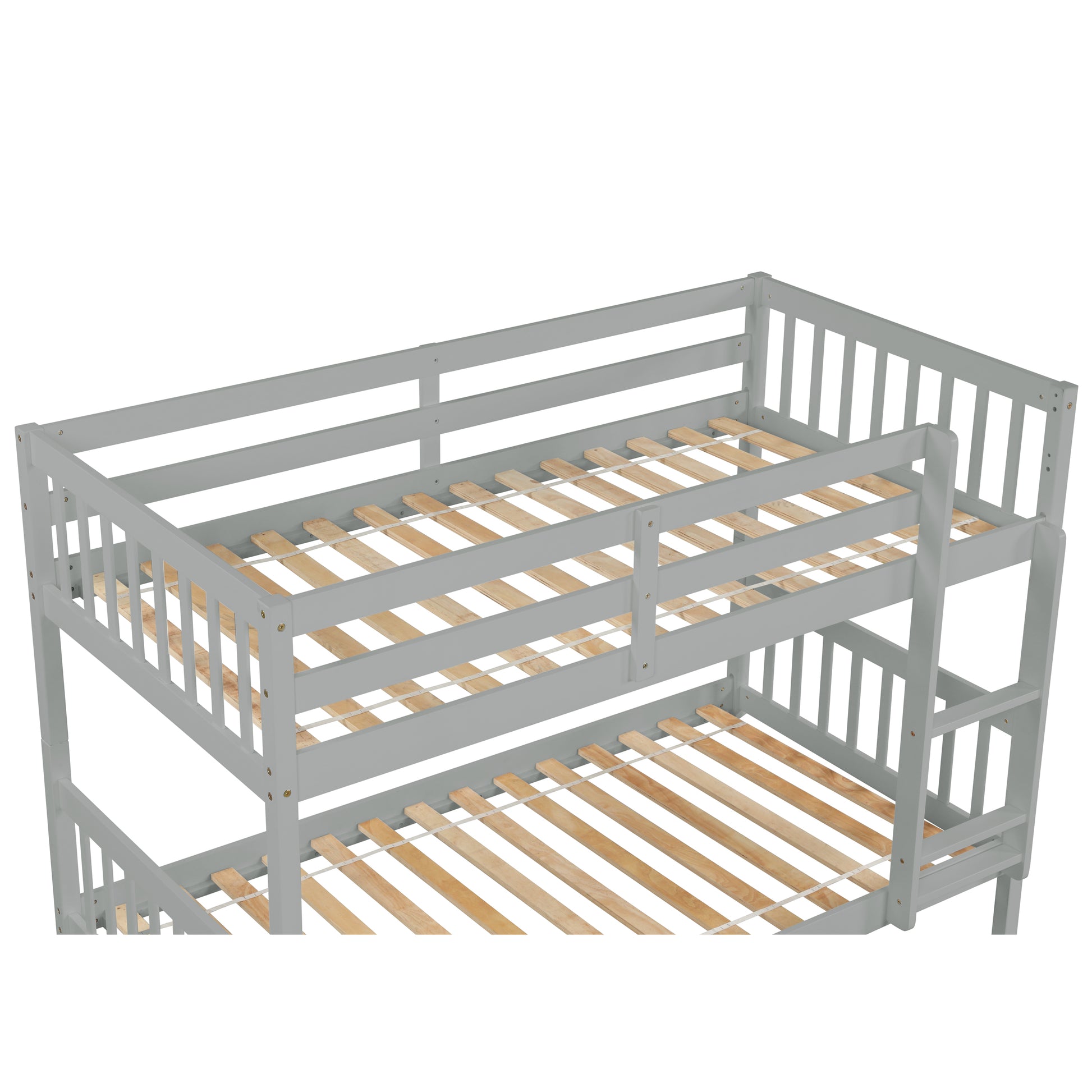 Gray wooden bunk bed frame with slatted bases for two beds