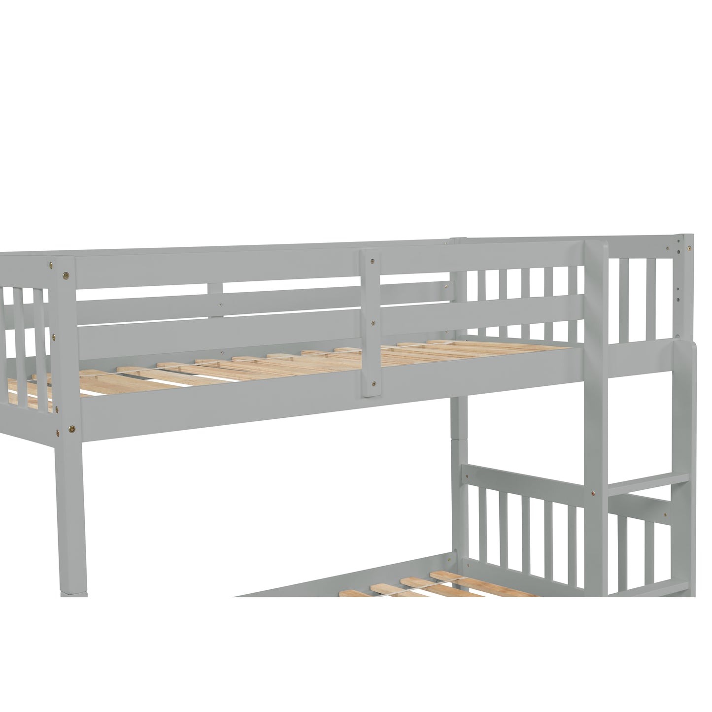 Gray wooden bunk bed frame with slatted bases for mattresses