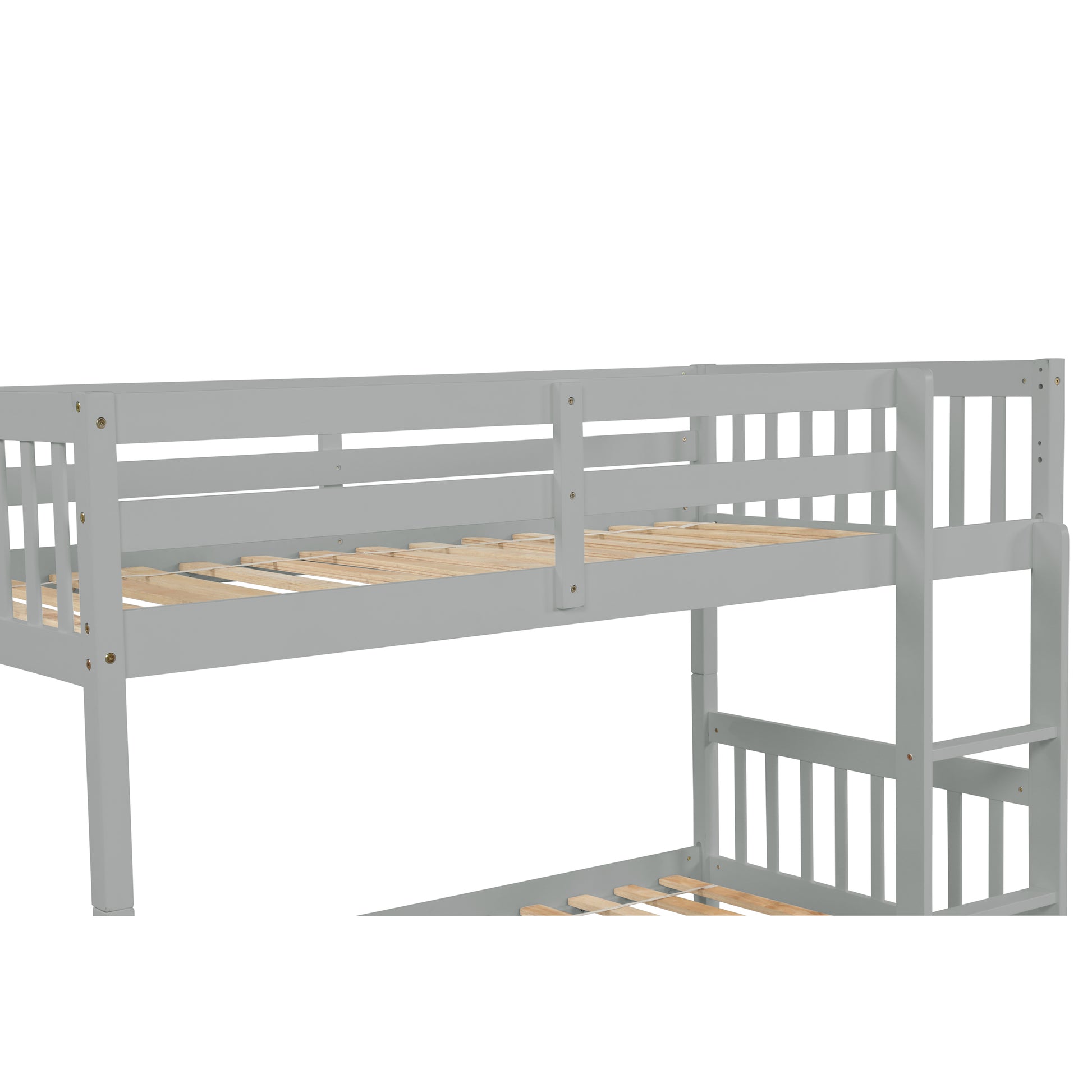Gray wooden bunk bed frame with slatted bases for mattresses