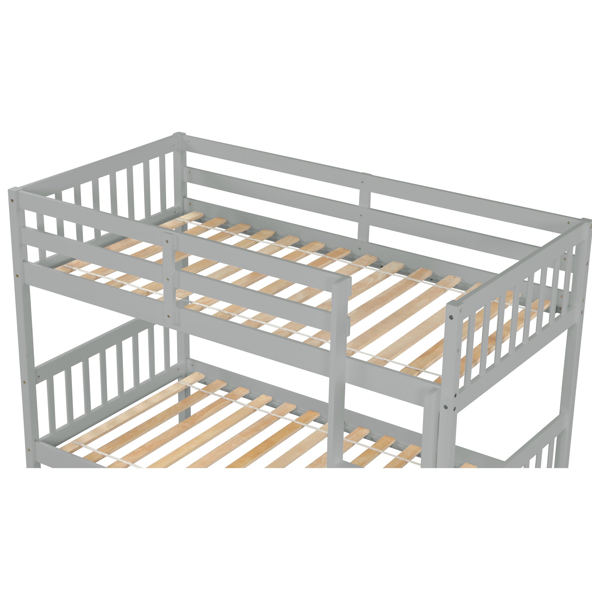 Gray wooden bunk bed frame with slatted bases ready for mattresses