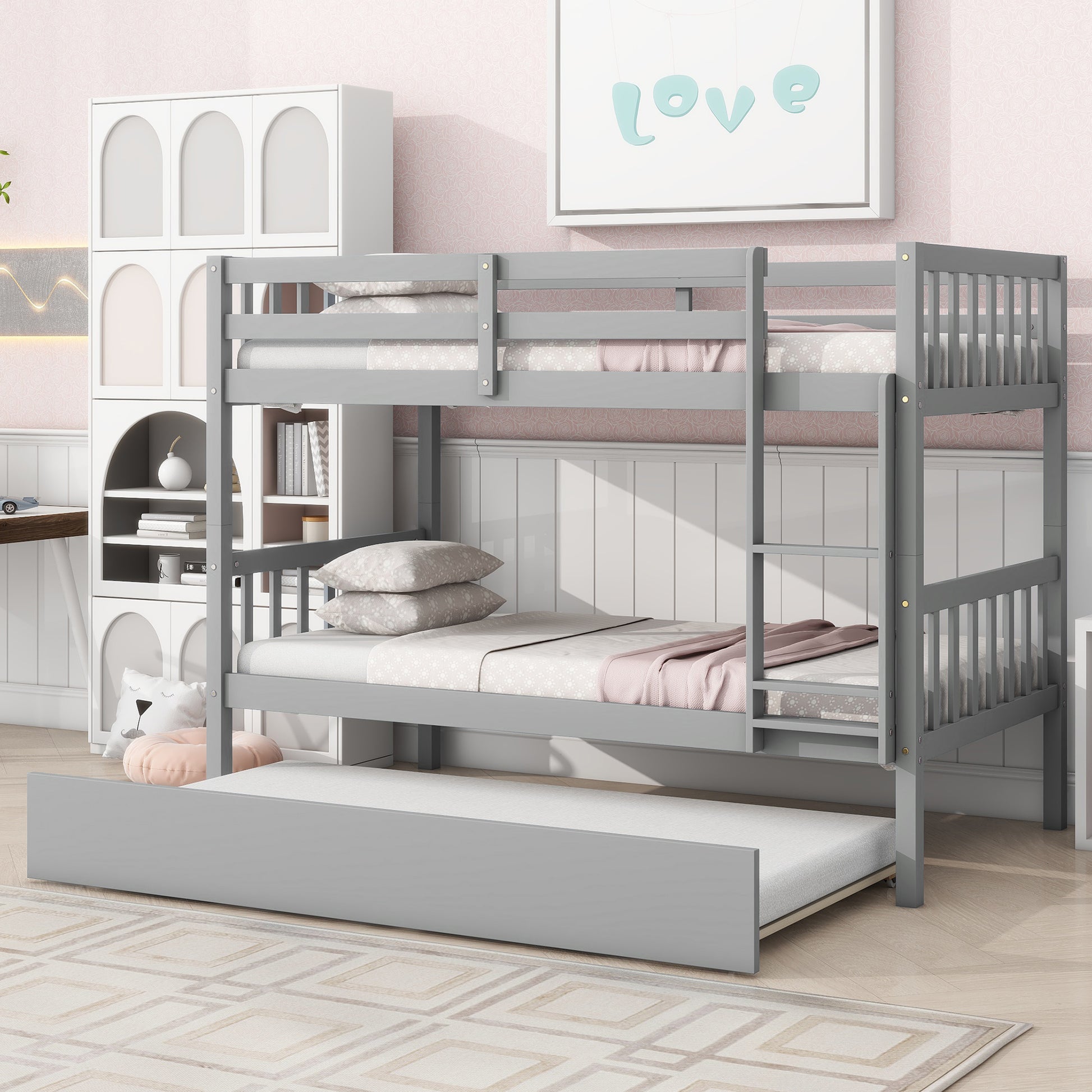 Gray wooden triple bunk bed with pullout trundle