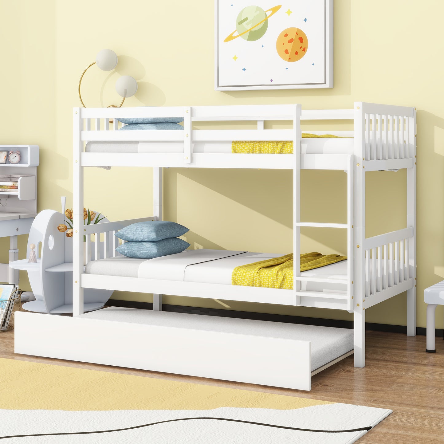 White wooden twin over twin bunk bed with trundle perfect for kids rooms