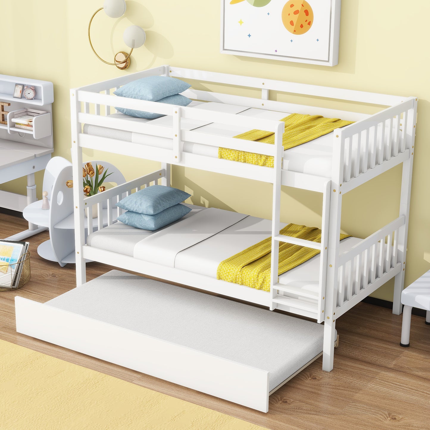 White wooden bunk bed with pullout trundle and yellow blankets