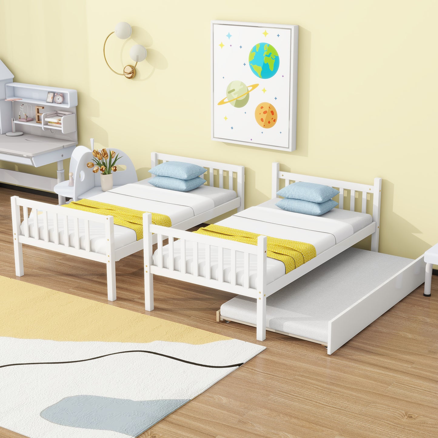 White twin bed frame with pullout trundle for kids room