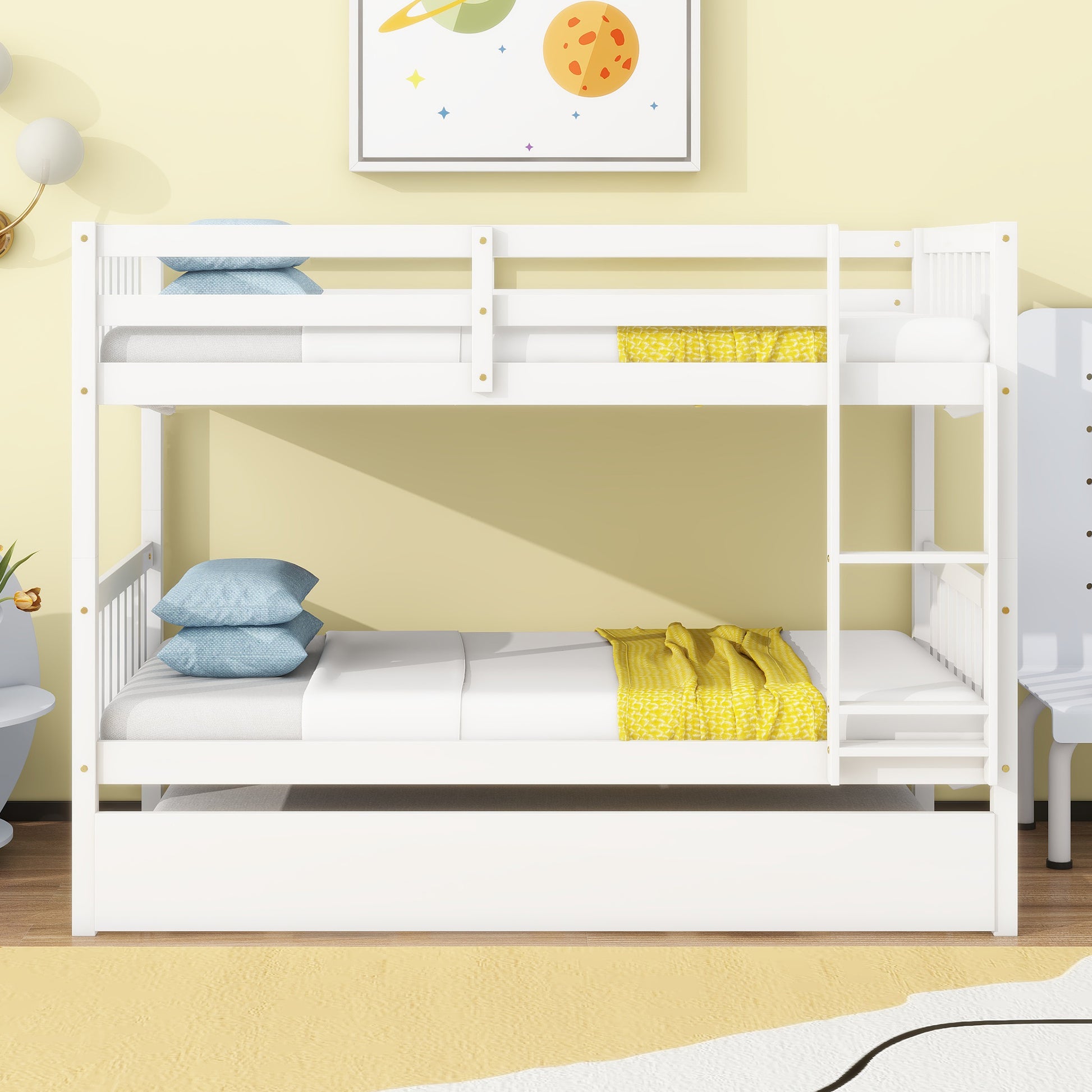 White wooden bunk bed with blue pillows on top bunk and yellow throw on bottom bunk