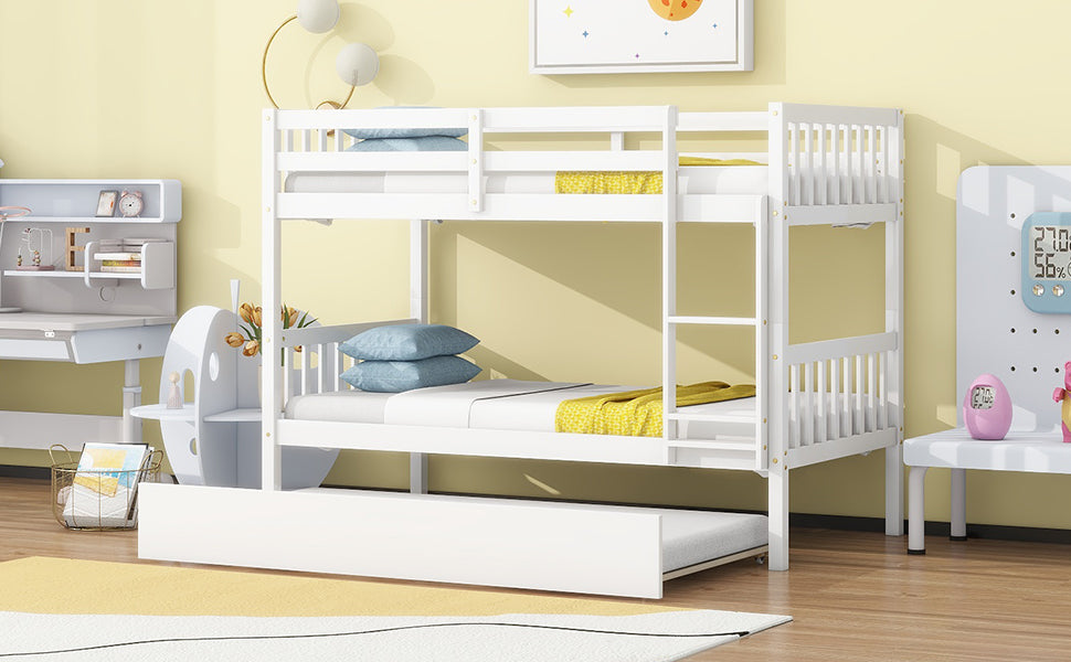 White wooden triple bunk bed with pullout trundle for kids rooms