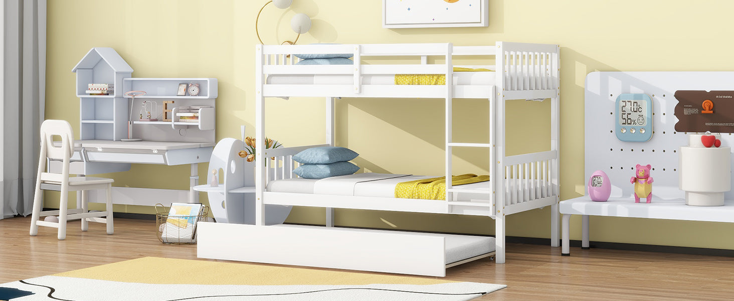 White wooden bunk bed with pullout trundle for kids room