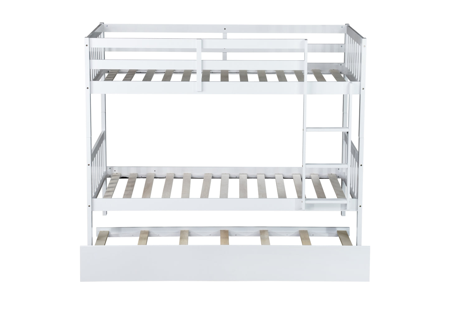 White wooden triple bunk bed with pullout trundle