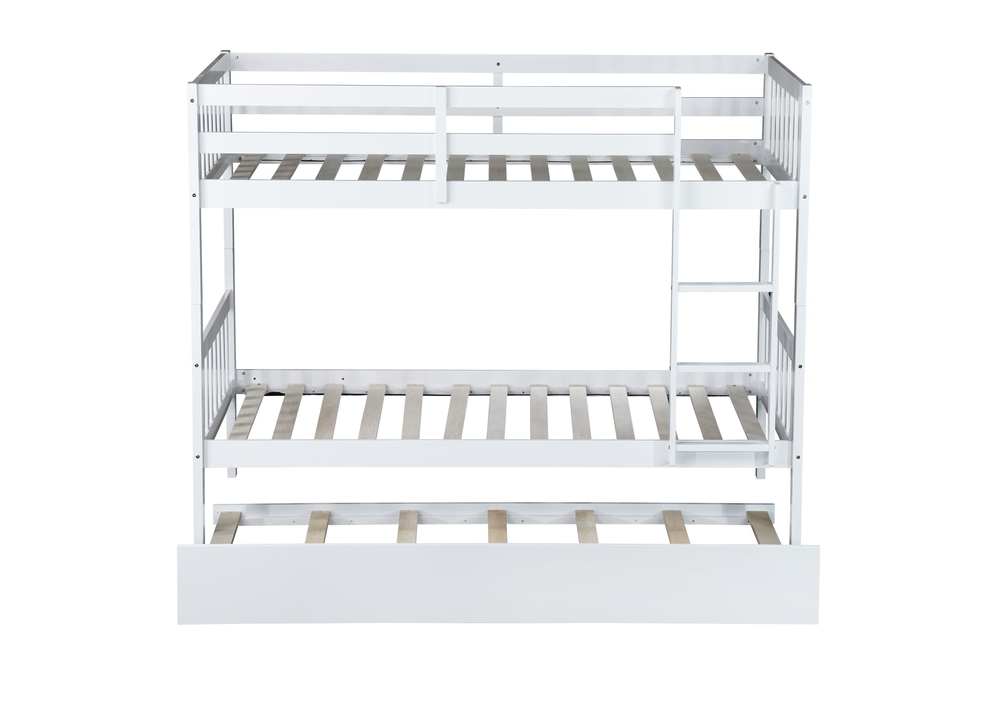 White wooden triple bunk bed with pullout trundle
