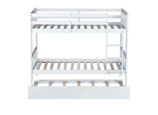 White wooden triple bunk bed with pullout trundle