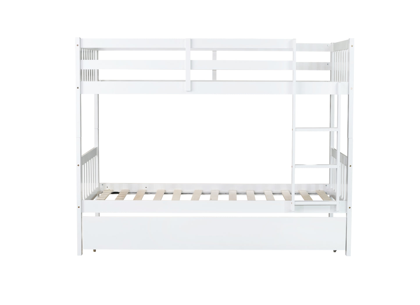 White wooden bunk bed with ladder and slatted base