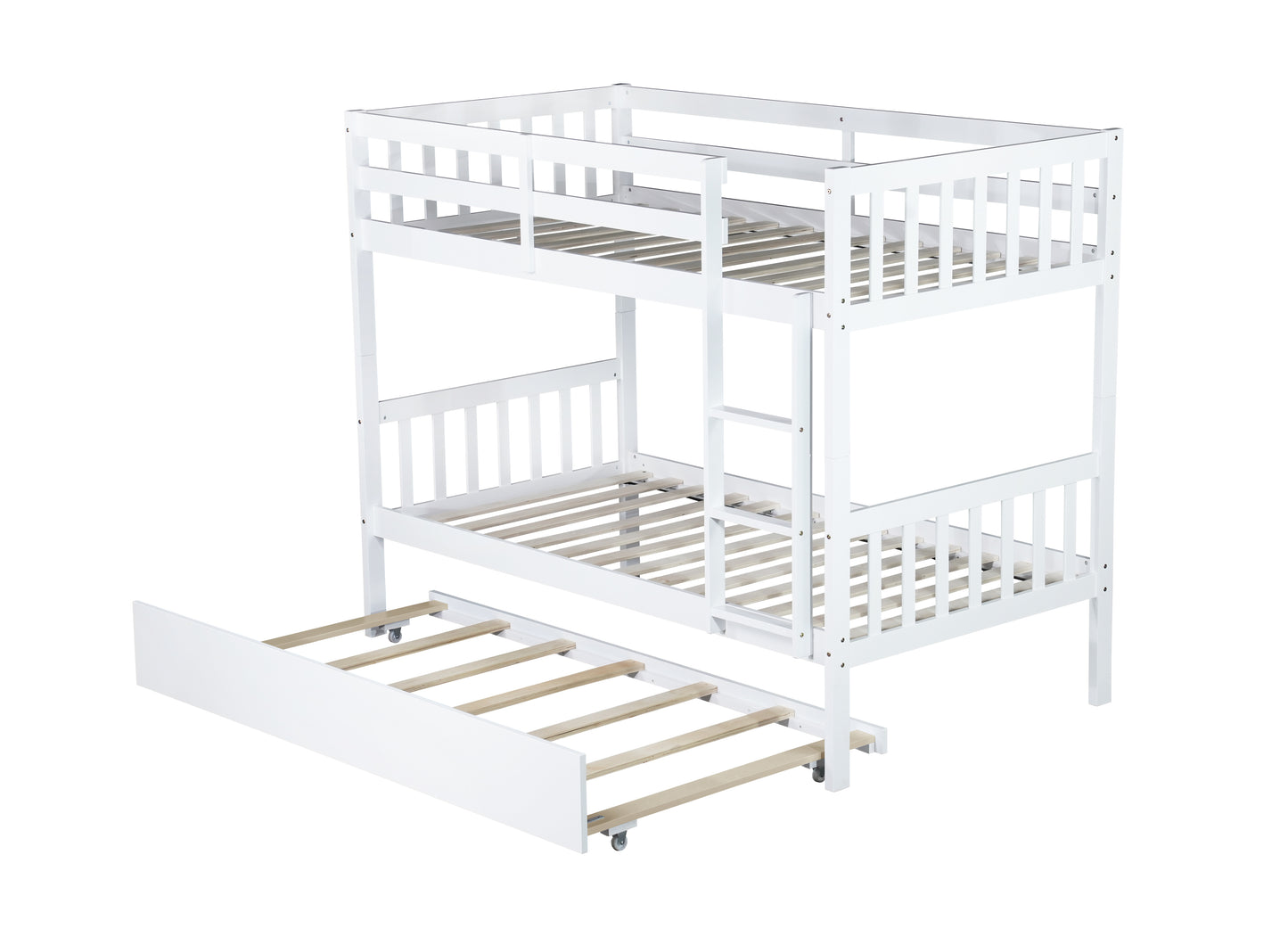 White wooden twin over twin bunk bed with pullout trundle