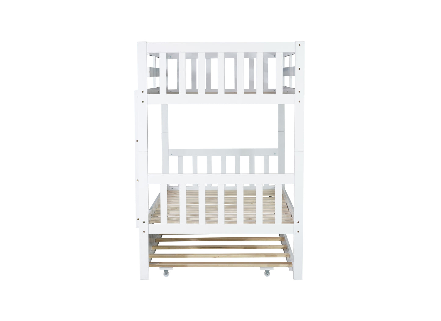 White wooden bunk bed with slatted bases and protective railing