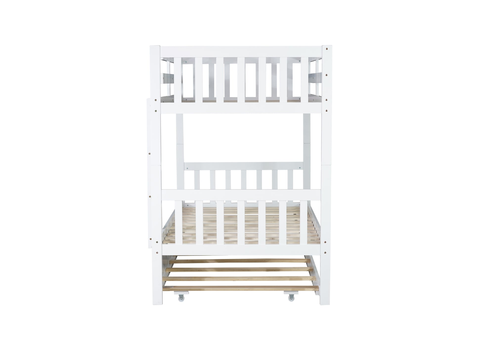 White wooden bunk bed with slatted bases and protective railing
