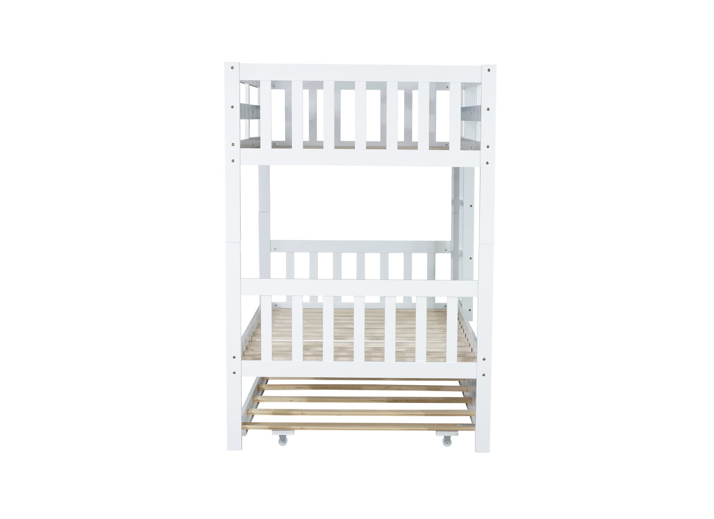White wooden twin over twin bunk bed with ladder