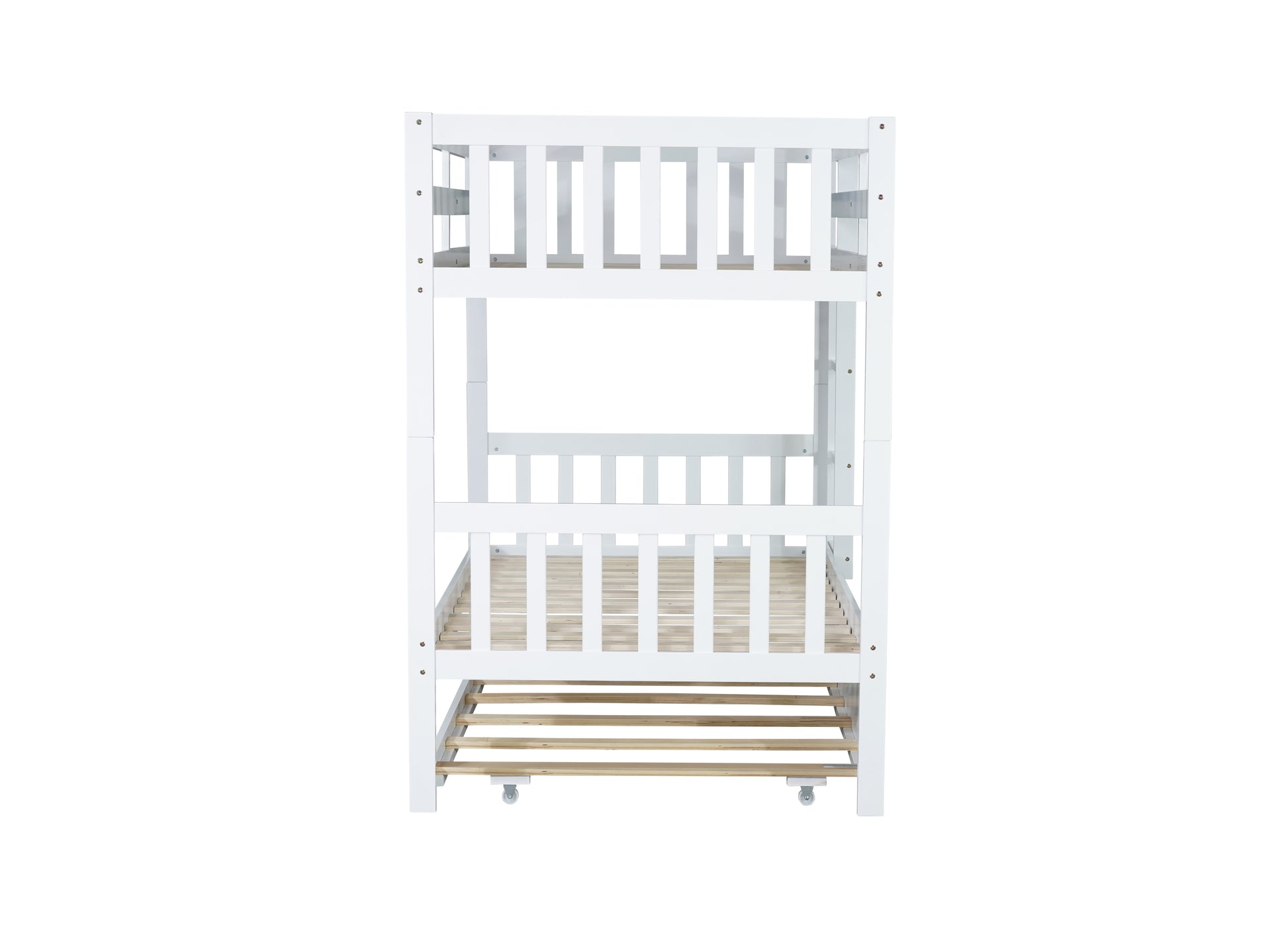 White wooden twin over twin bunk bed with ladder