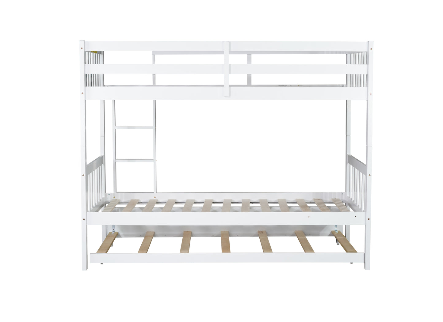 White wooden bunk bed with integrated ladder and pullout trundle for kids