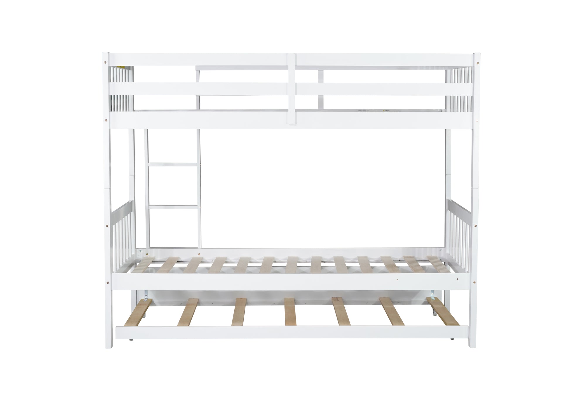 White wooden bunk bed with integrated ladder and pullout trundle for kids