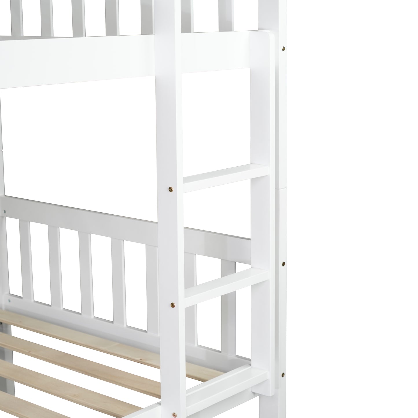 White wooden bunk bed frame with slatted base