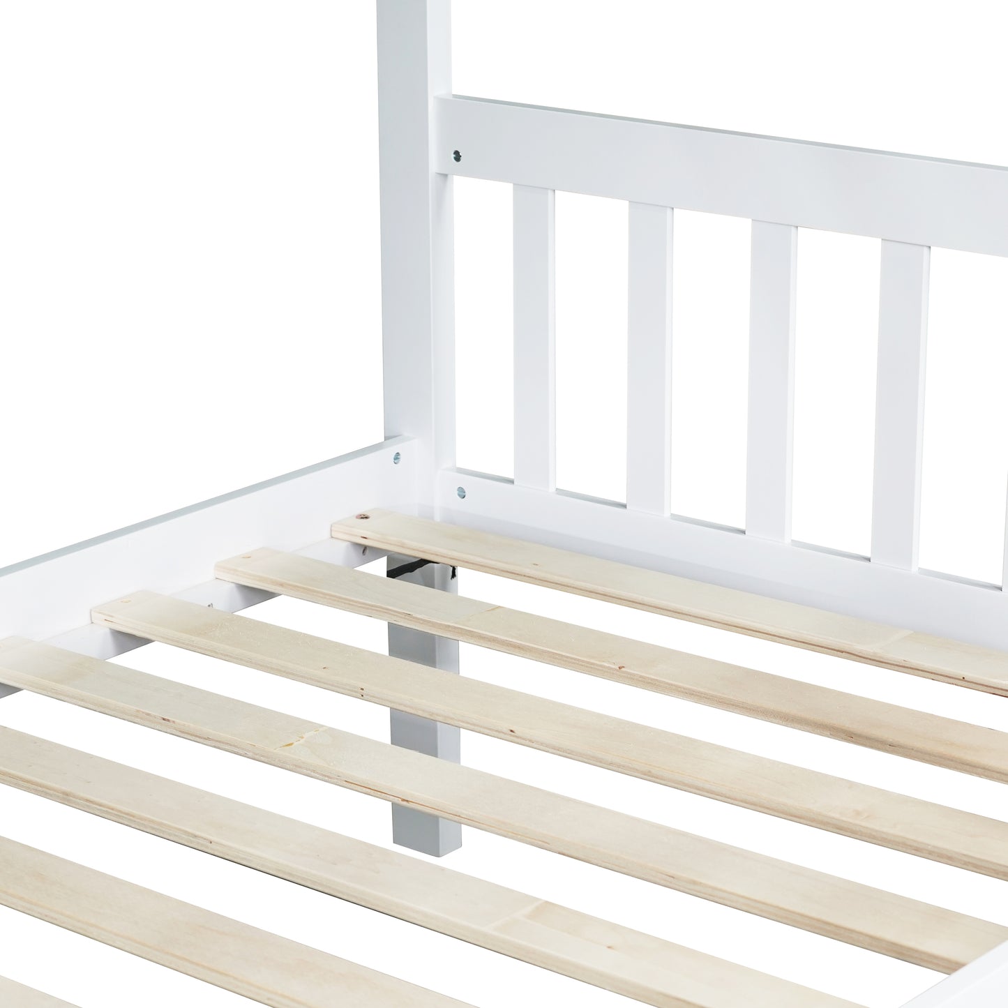 White wooden bed frame with slatted base
