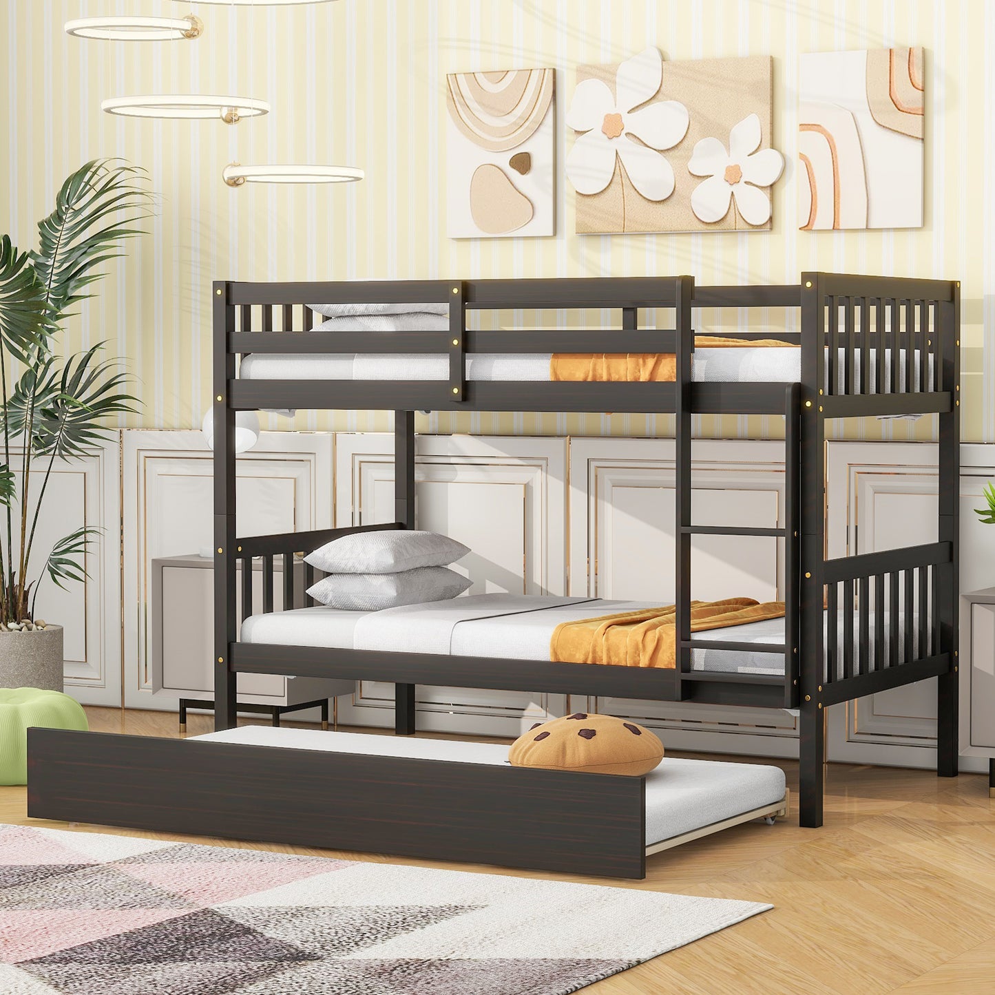 Dark espresso wooden triple bunk bed with pullout trundle