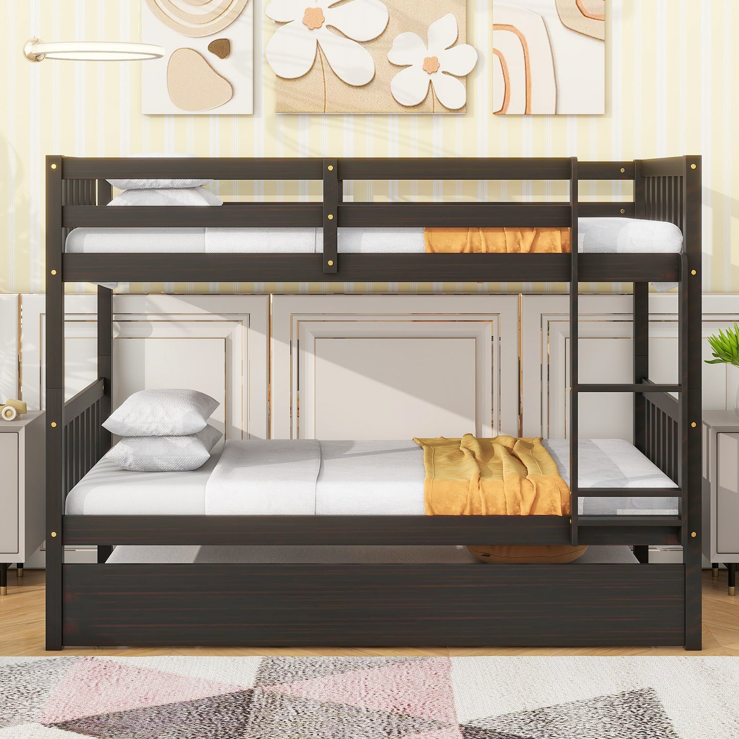 Dark brown wooden bunk bed with white linens and yellow throw blanket